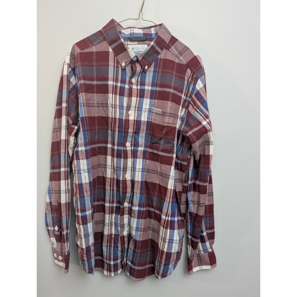 E4 Columbia Men's Shirt Long Sleeve Button up Red White Blue Large Plaid Vibrant